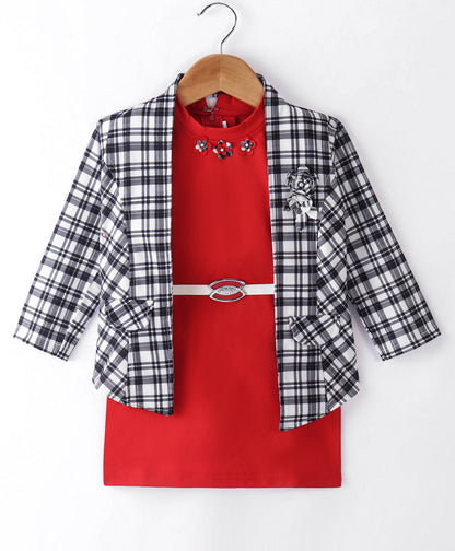 Enfance Core Full Sleeves Dress With Checked Jacket-Red