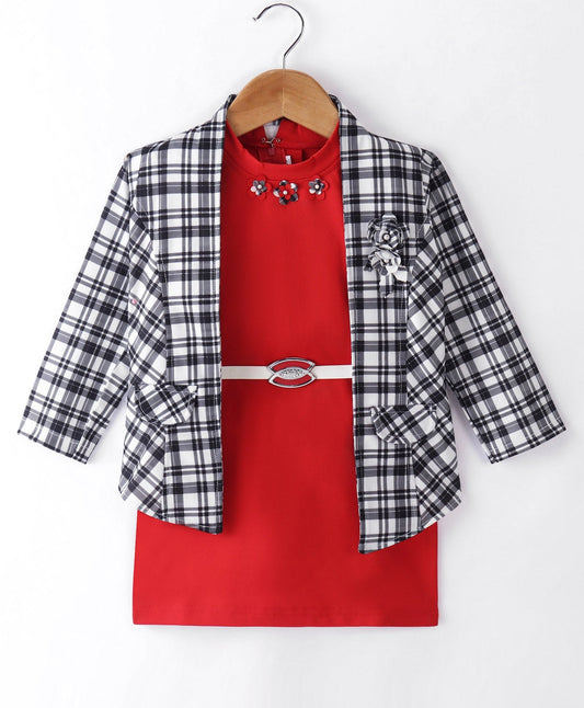 Enfance Core Full Sleeves Dress With Checked Jacket-Red
