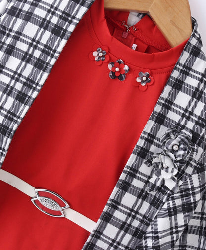 Enfance Core Full Sleeves Dress With Checked Jacket-Red