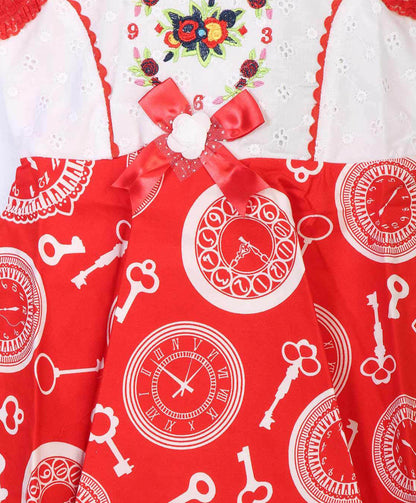 Enfance  Flared Sleeves Printed Dress - Red