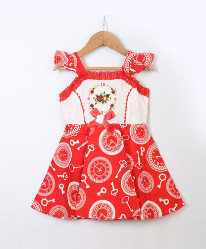 Enfance  Flared Sleeves Printed Dress - Red