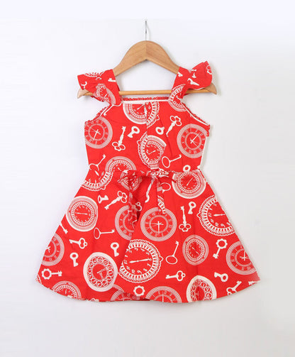 Enfance  Flared Sleeves Printed Dress - Red