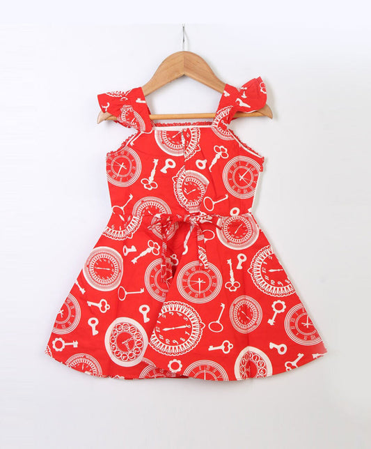 Enfance  Flared Sleeves Printed Dress - Red