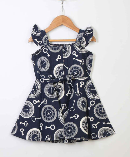 Enfance  Flared Sleeves Printed Dress - Blue