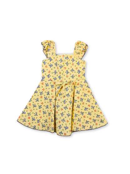 Enfance Short Sleeves Floral Applique & Printed Dress - Blue