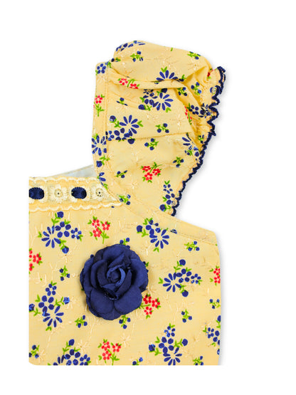 Enfance Short Sleeves Floral Applique & Printed Dress - Blue
