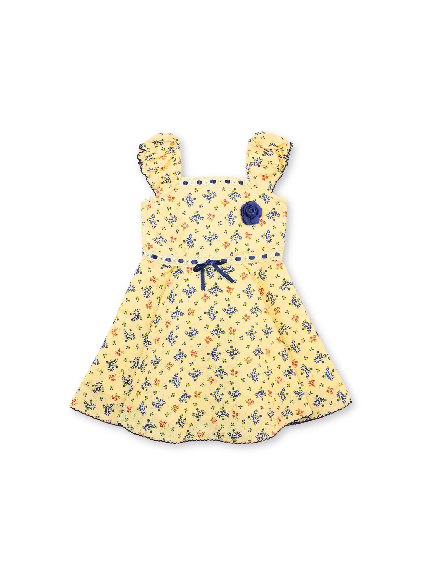 Enfance Short Sleeves Floral Applique & Printed Dress - Blue