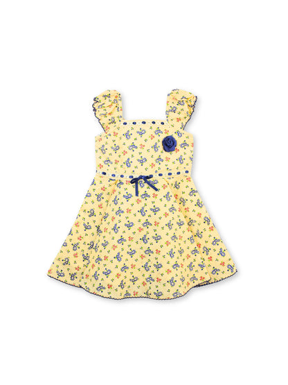 Enfance Short Sleeves Floral Applique & Printed Dress - Blue