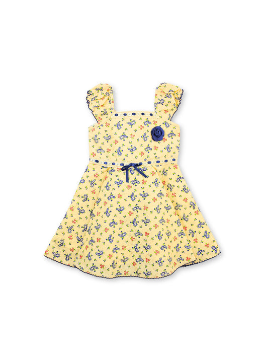 Enfance Short Sleeves Floral Applique & Printed Dress - Blue
