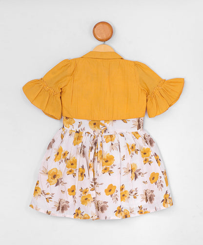 Enfance Cotton Floral & Typography Printed Dress With Half Sleeves Jacket - Mustard