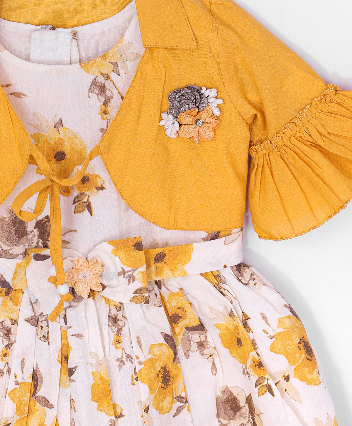 Enfance Cotton Floral & Typography Printed Dress With Half Sleeves Jacket - Mustard