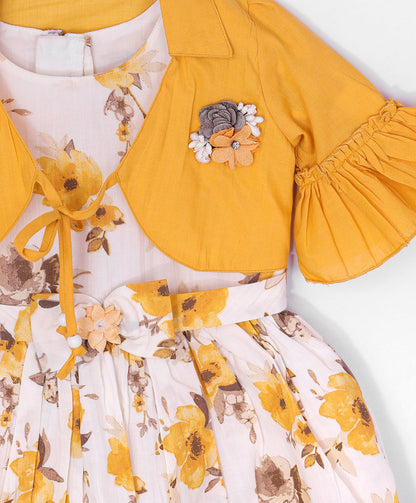 Enfance Cotton Floral & Typography Printed Dress With Half Sleeves Jacket - Mustard