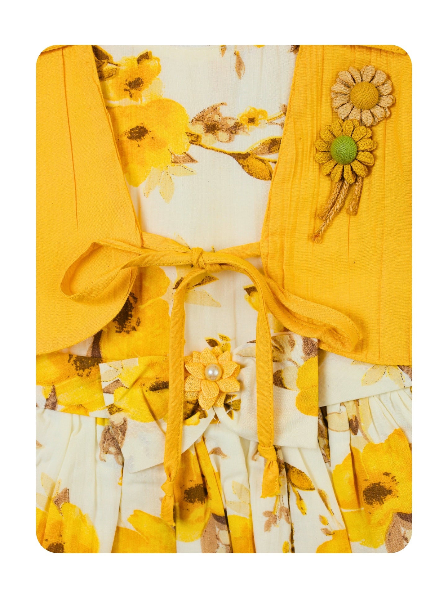 Enfance Cotton Floral & Typography Printed Dress With Half Sleeves Jacket - Mustard