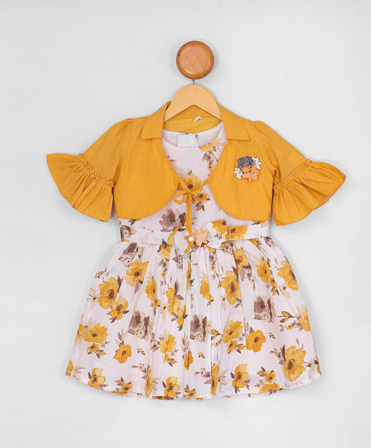 Enfance Cotton Floral & Typography Printed Dress With Half Sleeves Jacket - Mustard