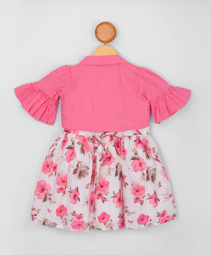 Enfance Half Sleeve Cotton Floral & Typography Printed Dress With Half Sleeves Jacket - Pink