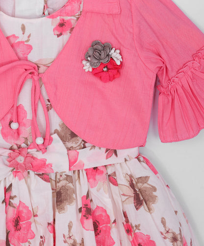 Enfance Half Sleeve Cotton Floral & Typography Printed Dress With Half Sleeves Jacket - Pink