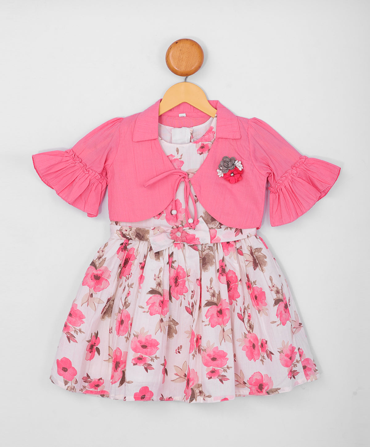 Enfance Half Sleeve Cotton Floral & Typography Printed Dress With Half Sleeves Jacket - Pink