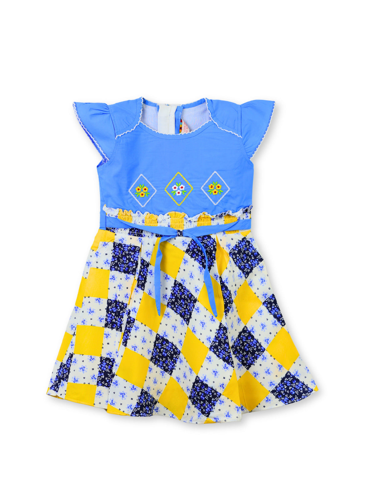 Enfance Short Sleeves Checkered Corsage Applique Dress - Yellow
