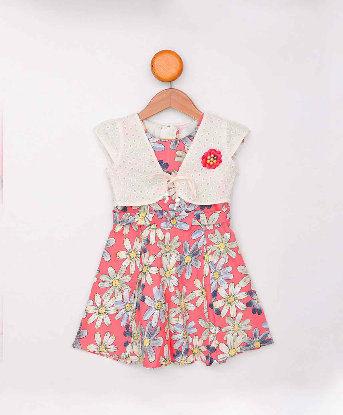 Enfance Cap Sleeves Floral Printed Dress With Jacket-Peach
