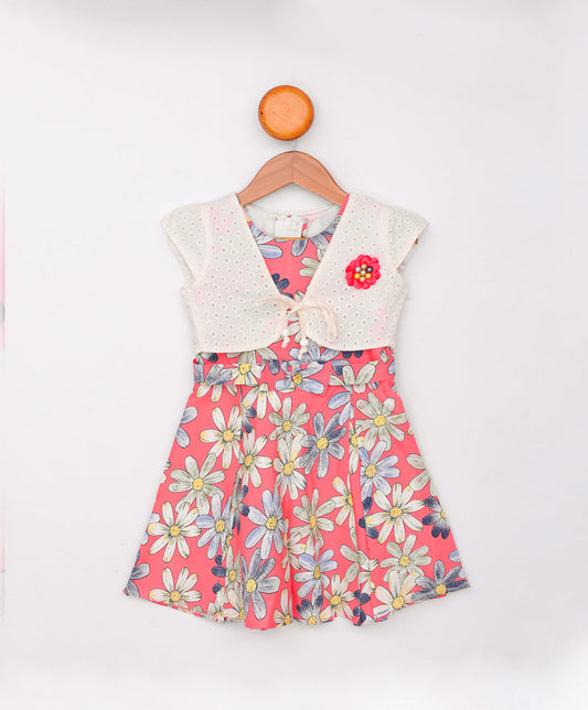 Enfance Cap Sleeves Floral Printed Dress With Jacket-Peach