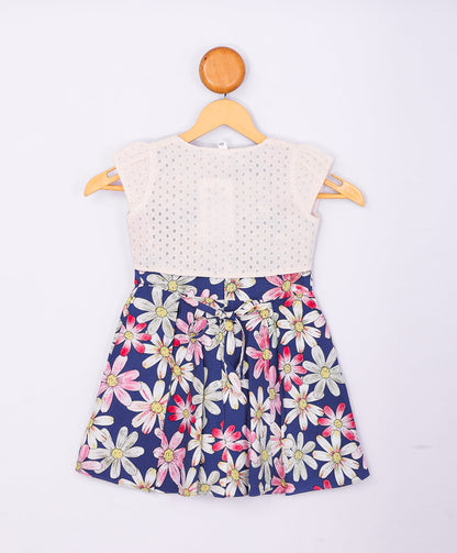 Enfance Cap Sleeves Floral Printed Dress With Jacket-D.Blue