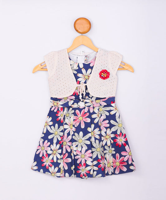 Enfance Cap Sleeves Floral Printed Dress With Jacket-D.Blue