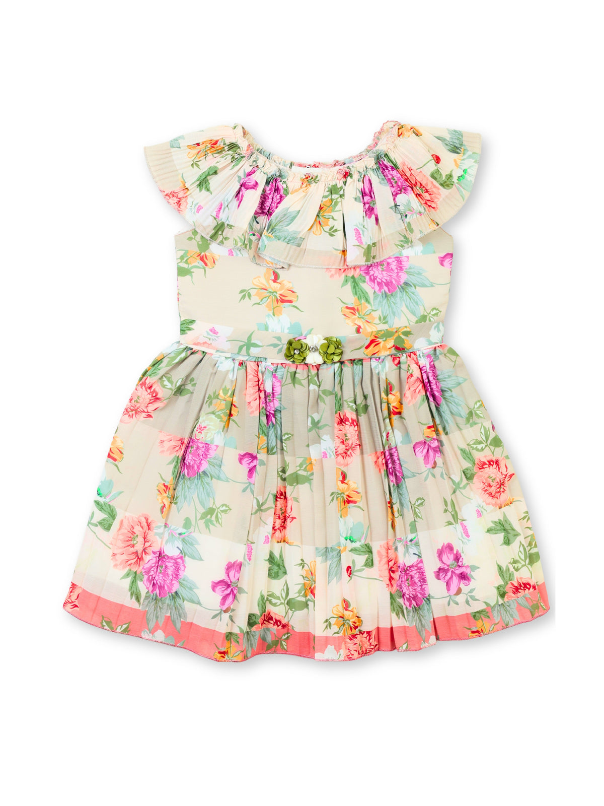 Enfance Half Sleeves All Over Printed Floral Applique Dress - Peach