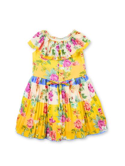 Enfance Half Sleeves All Over Printed Floral Applique Dress - Lemon