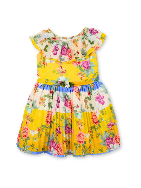 Enfance Half Sleeves All Over Printed Floral Applique Dress - Lemon