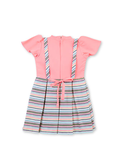 Enfance Half Sleeves All Over Striped Printed Floral Applique Dress - Peach