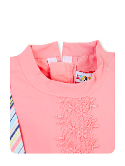 Enfance Half Sleeves All Over Striped Printed Floral Applique Dress - Peach