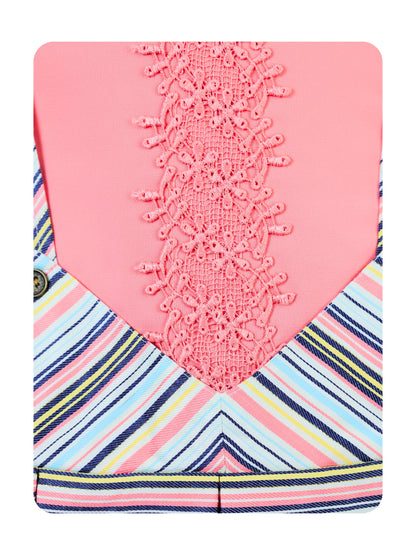 Enfance Half Sleeves All Over Striped Printed Floral Applique Dress - Peach