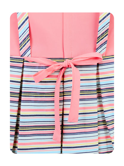 Enfance Half Sleeves All Over Striped Printed Floral Applique Dress - Peach