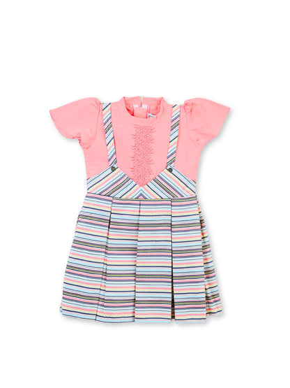 Enfance Half Sleeves All Over Striped Printed Floral Applique Dress - Peach