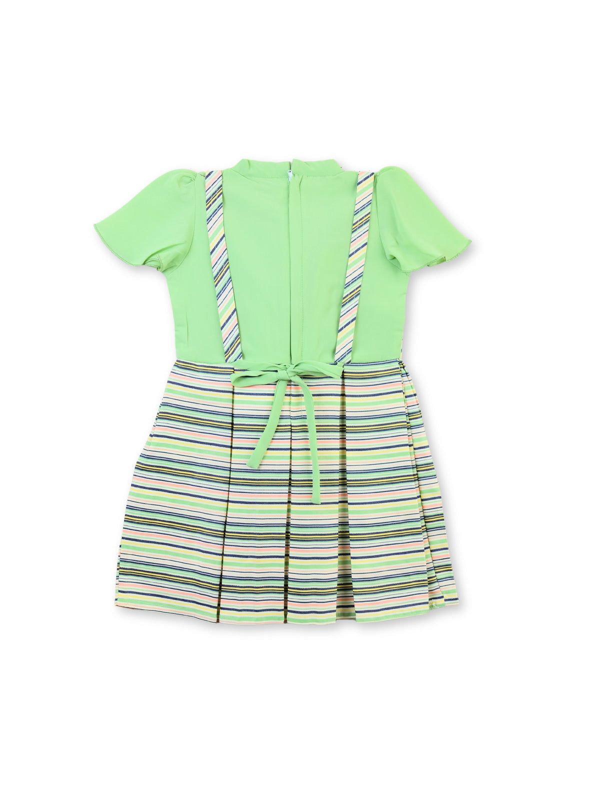 Enfance Half Sleeves All Over Striped Printed Floral Applique Dress - Pista