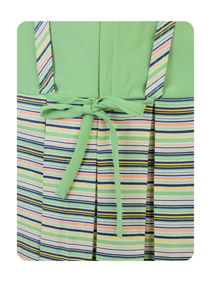 Enfance Half Sleeves All Over Striped Printed Floral Applique Dress - Pista