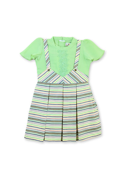 Enfance Half Sleeves All Over Striped Printed Floral Applique Dress - Pista
