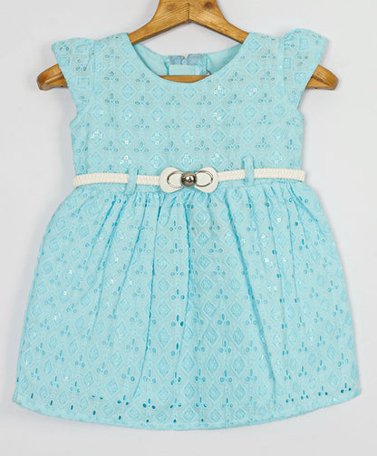 Enfance Half Sleeves Sequins Embroidery Casual Dress - S.Blue