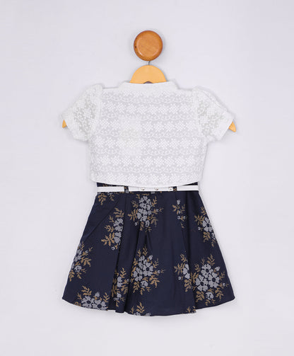 Enfance Half Sleeves Floral Printed Dress With Jacket-Navy
