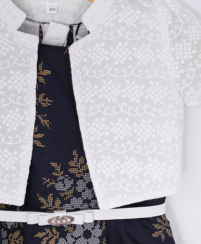 Enfance Half Sleeves Floral Printed Dress With Jacket-Navy