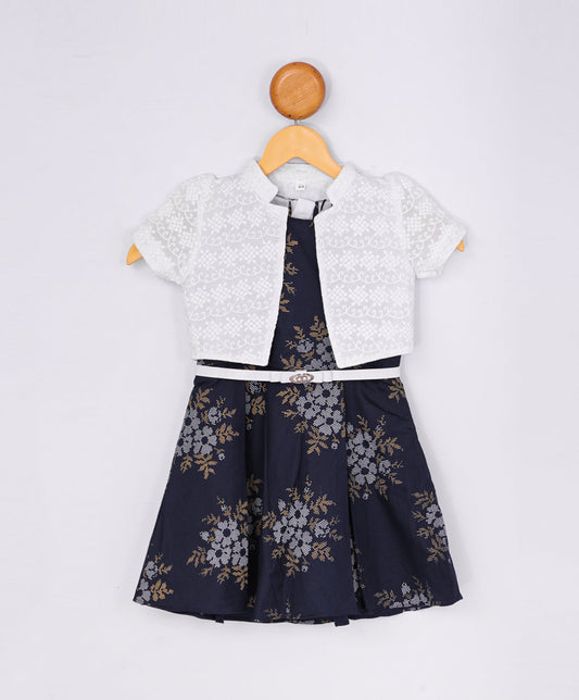Enfance Half Sleeves Floral Printed Dress With Jacket-Navy