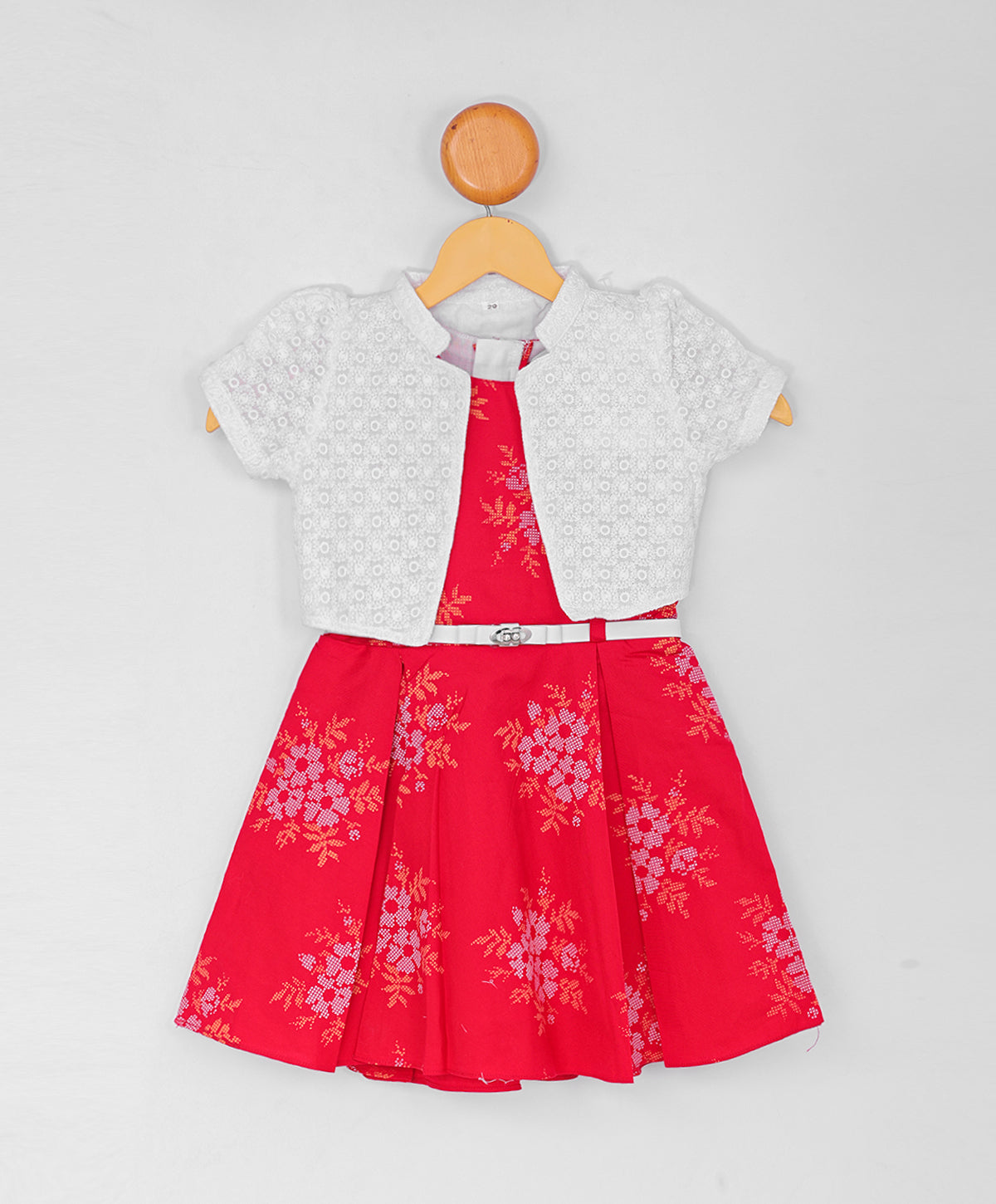 Enfance Half Sleeves Floral Printed Dress With Jacket-Red