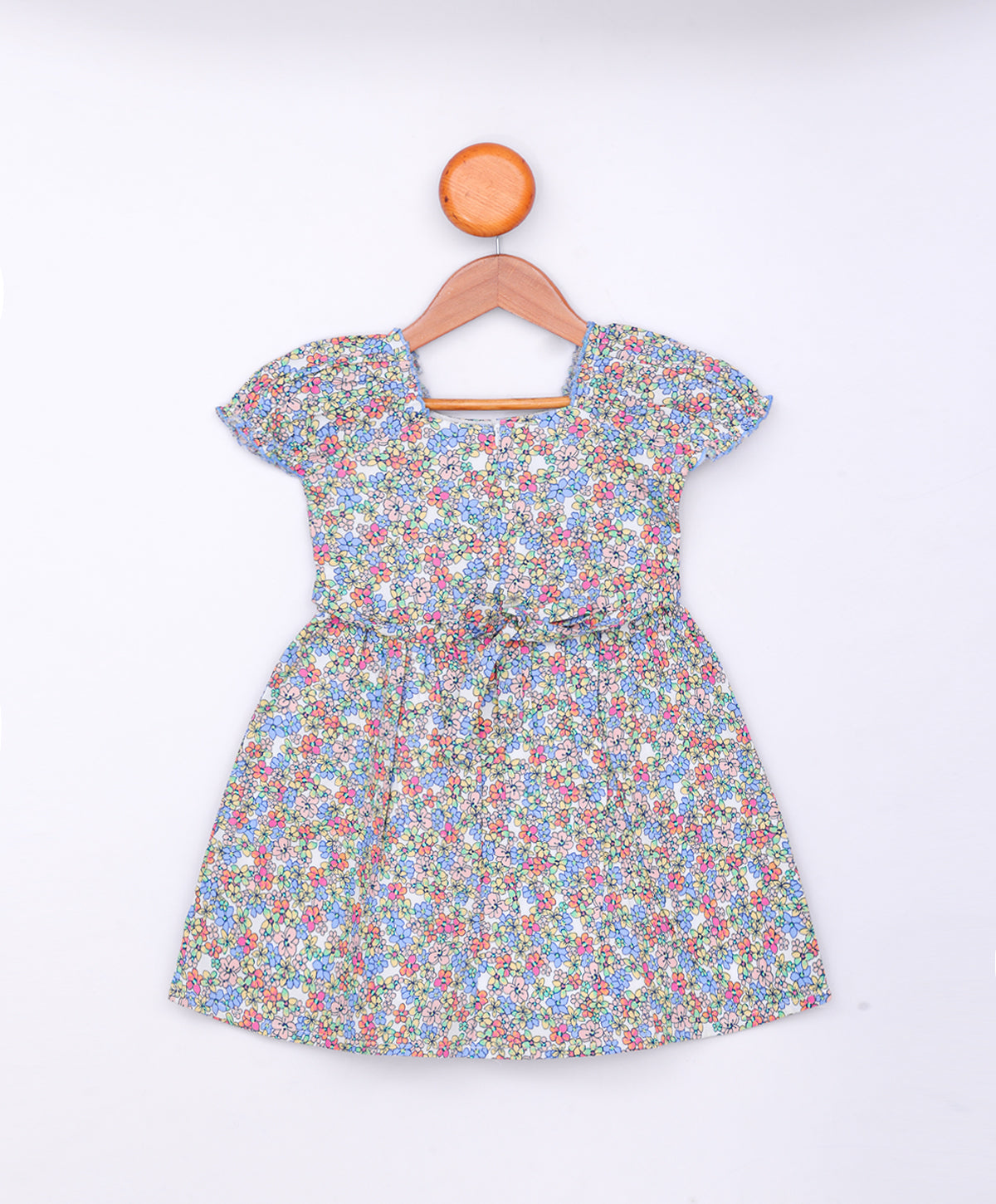 Enfance Half Sleeves Flower Printed Floral Applique Casual Dress-Blue