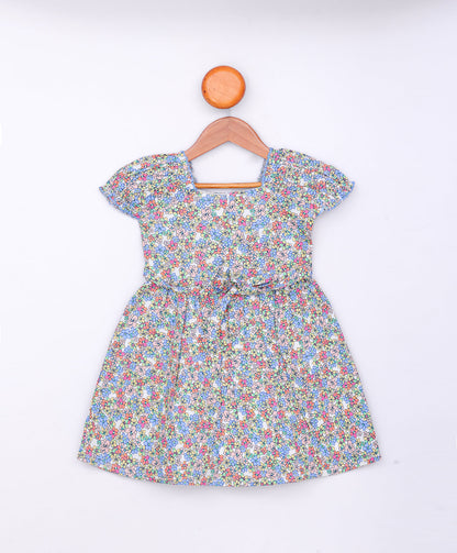 Enfance Half Sleeves Flower Printed Floral Applique Casual Dress-Blue