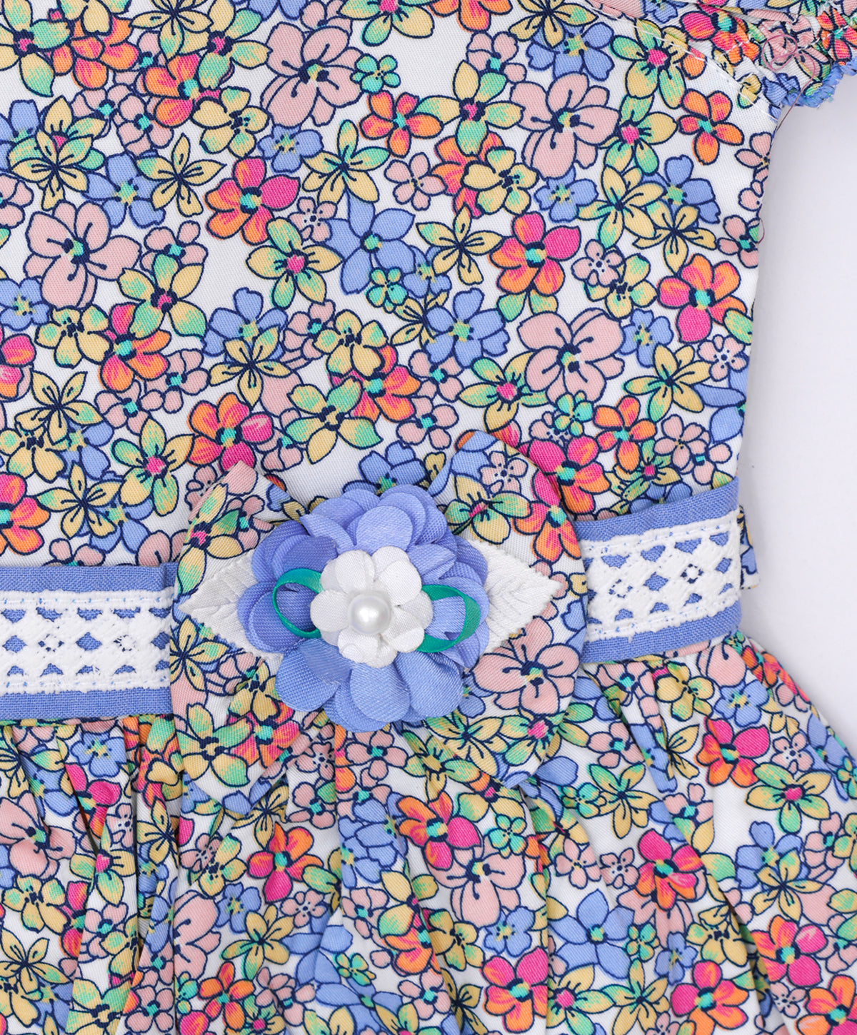 Enfance Half Sleeves Flower Printed Floral Applique Casual Dress-Blue