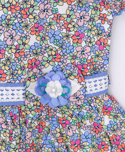 Enfance Half Sleeves Flower Printed Floral Applique Casual Dress-Blue