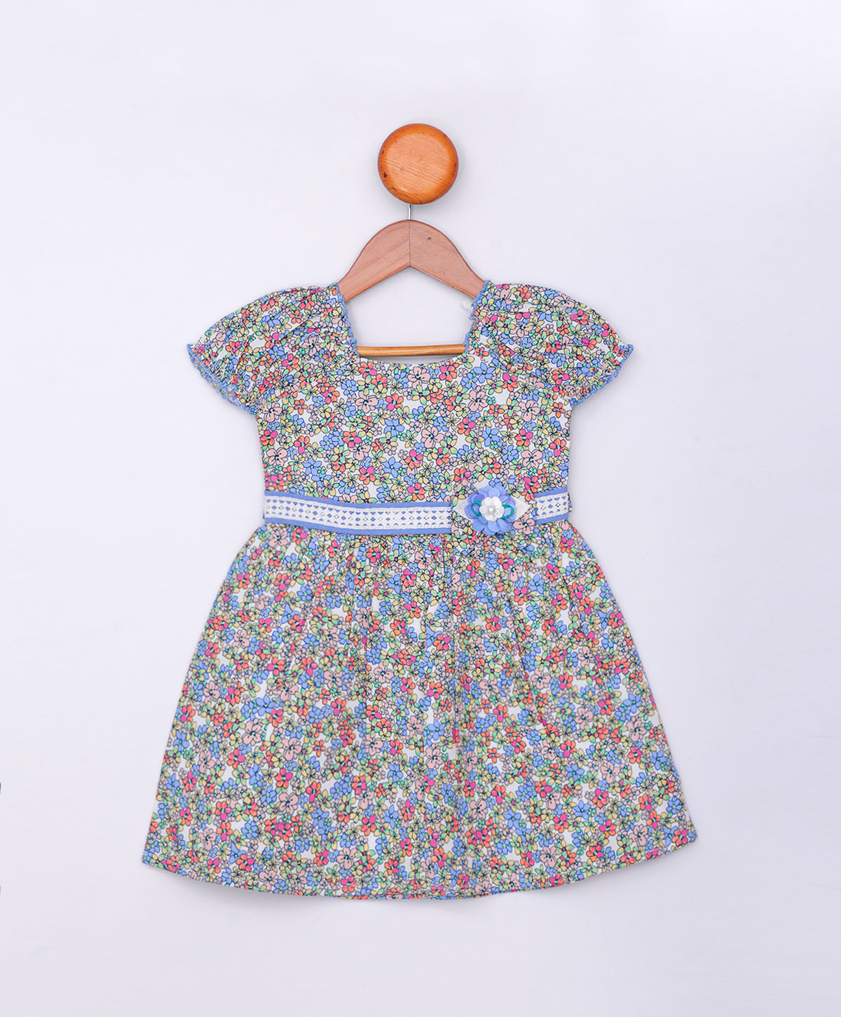 Enfance Half Sleeves Flower Printed Floral Applique Casual Dress-Blue