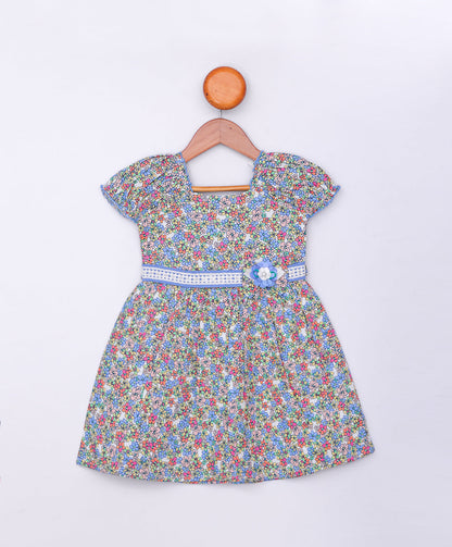 Enfance Half Sleeves Flower Printed Floral Applique Casual Dress-Blue