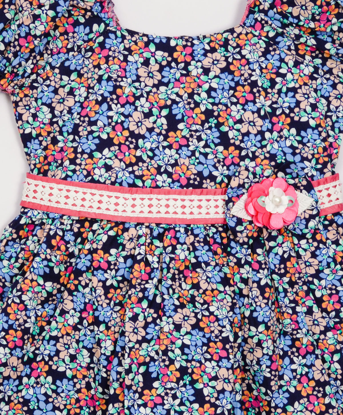 Enfance Half Sleeves Flower Printed Floral Applique Casual Dress-Pink