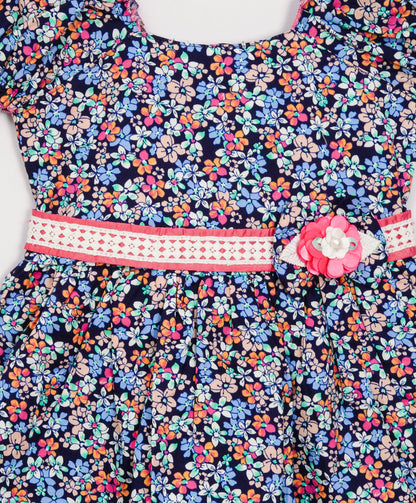 Enfance Half Sleeves Flower Printed Floral Applique Casual Dress-Pink